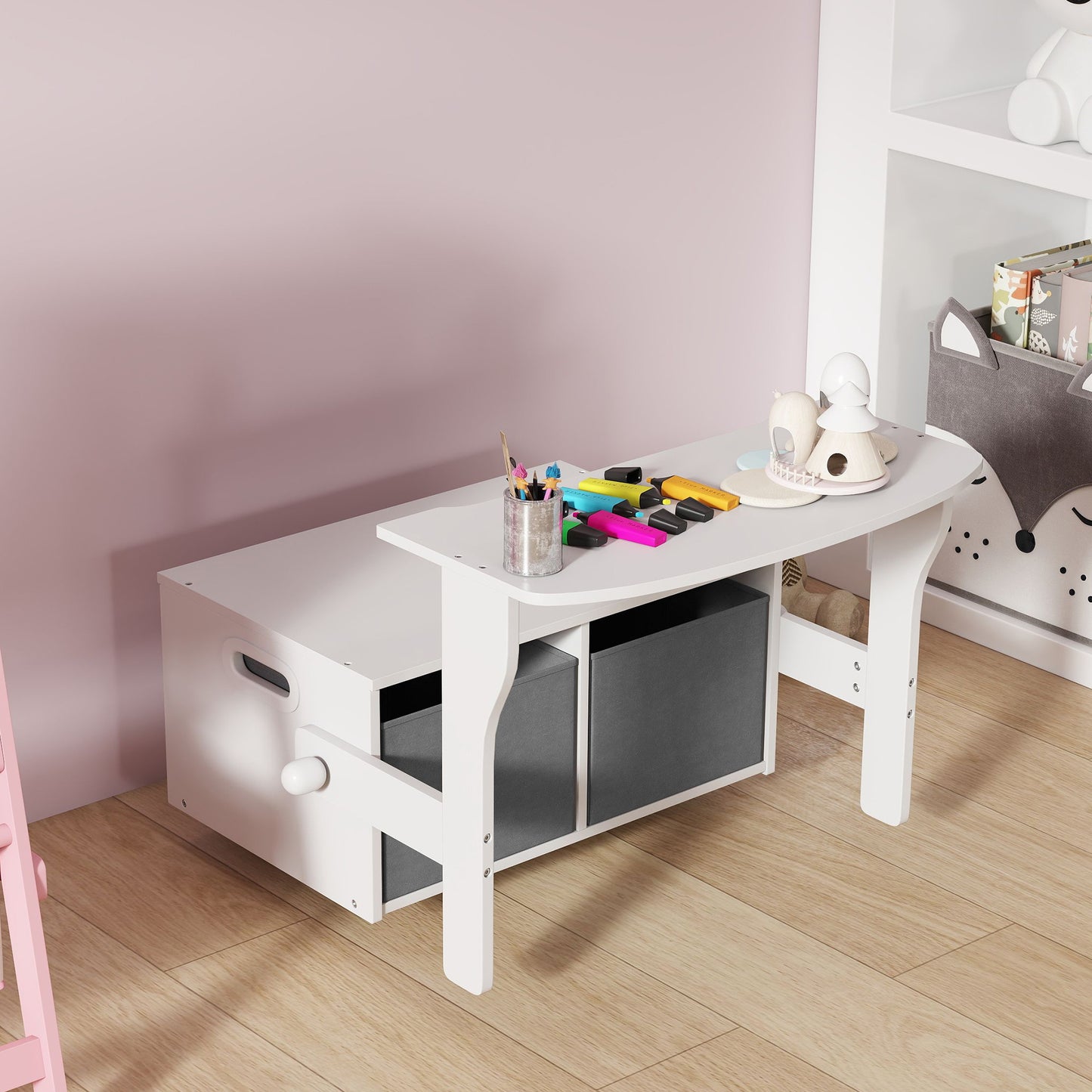 3 in 1 Kids Storage Bench, Convertible Children Table and Chair Set with 2 Fabric Bins, Toy Storage Box, White