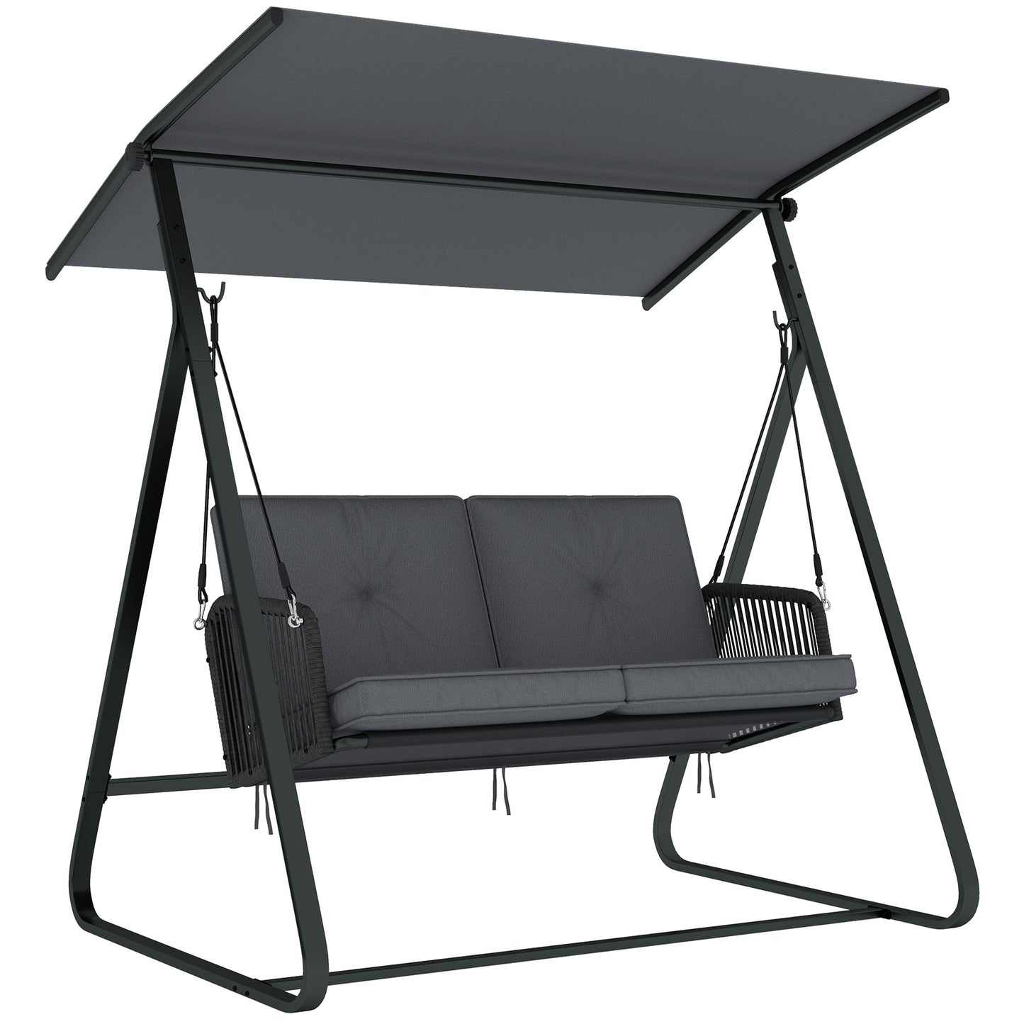 2-Seater Rattan Swing Chair, Outdoor Garden Hanging Swing Seat with Stand, Adjustable Canopy and Soft Cushions