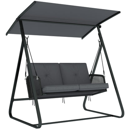 2-Seater Rattan Swing Chair, Outdoor Garden Hanging Swing Seat with Stand, Adjustable Canopy and Soft Cushions