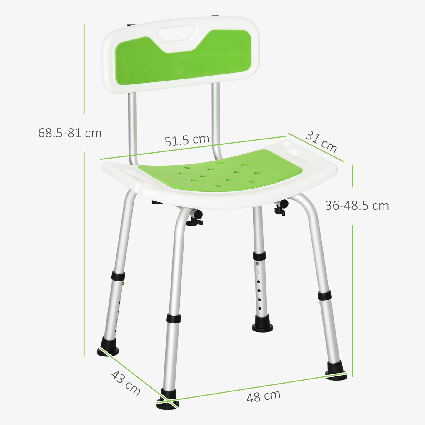 Shower Stool with Backrest, Height Adjustable Shower Chair with Anti-slip Foot Pads, Shower Head Holder, Green