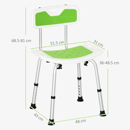Shower Stool with Backrest, Height Adjustable Shower Chair with Anti-slip Foot Pads, Shower Head Holder, Green