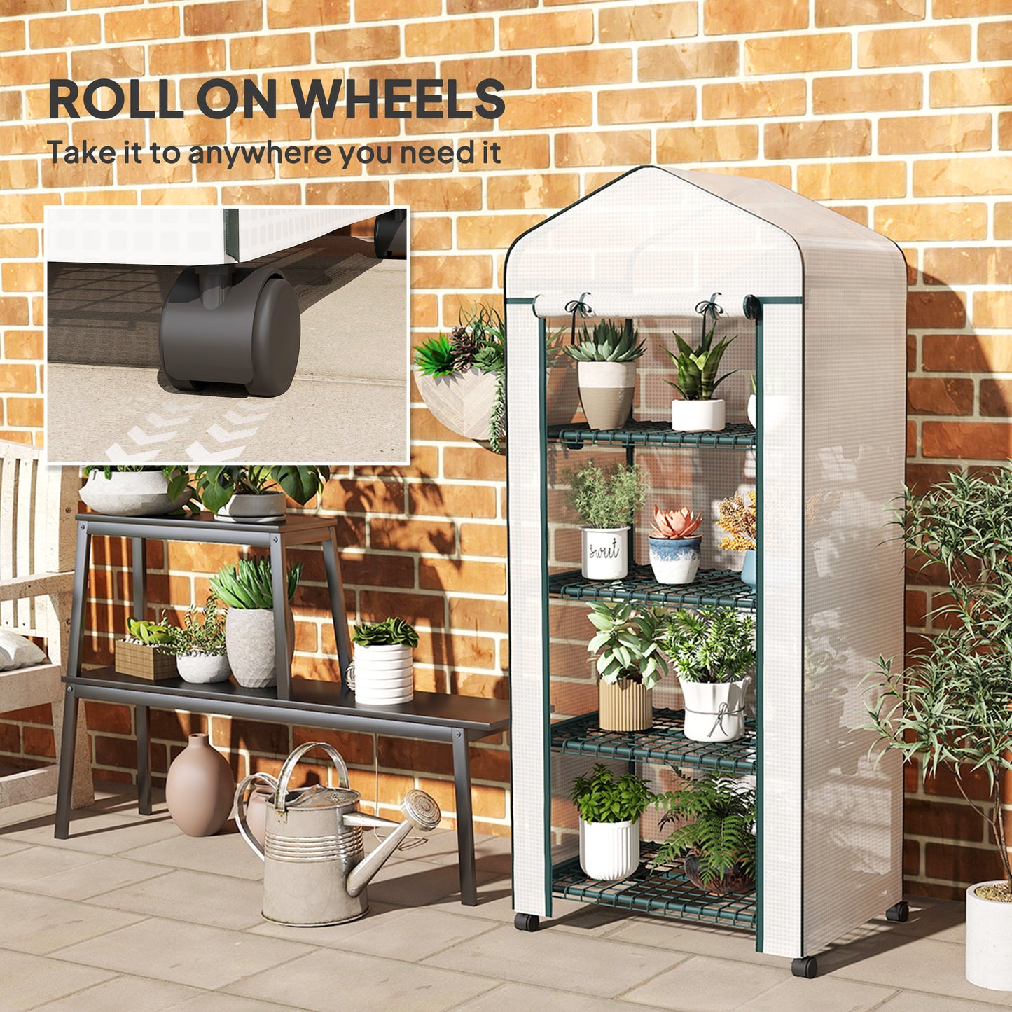 4 Tier Mini Portable Greenhouse Compact Plant Grow Shed Metal Frame PE Cover with Lockable Rolling Wheels, White
