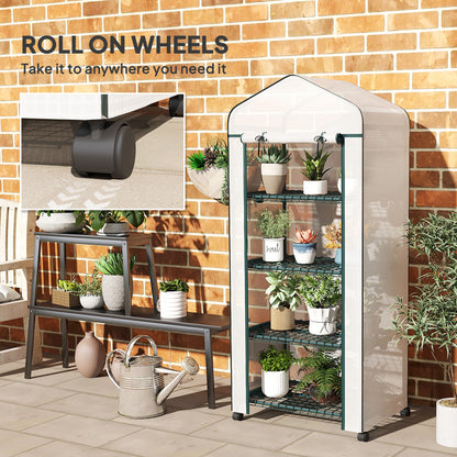 4 Tier Mini Portable Greenhouse Compact Plant Grow Shed Metal Frame PE Cover with Lockable Rolling Wheels, White