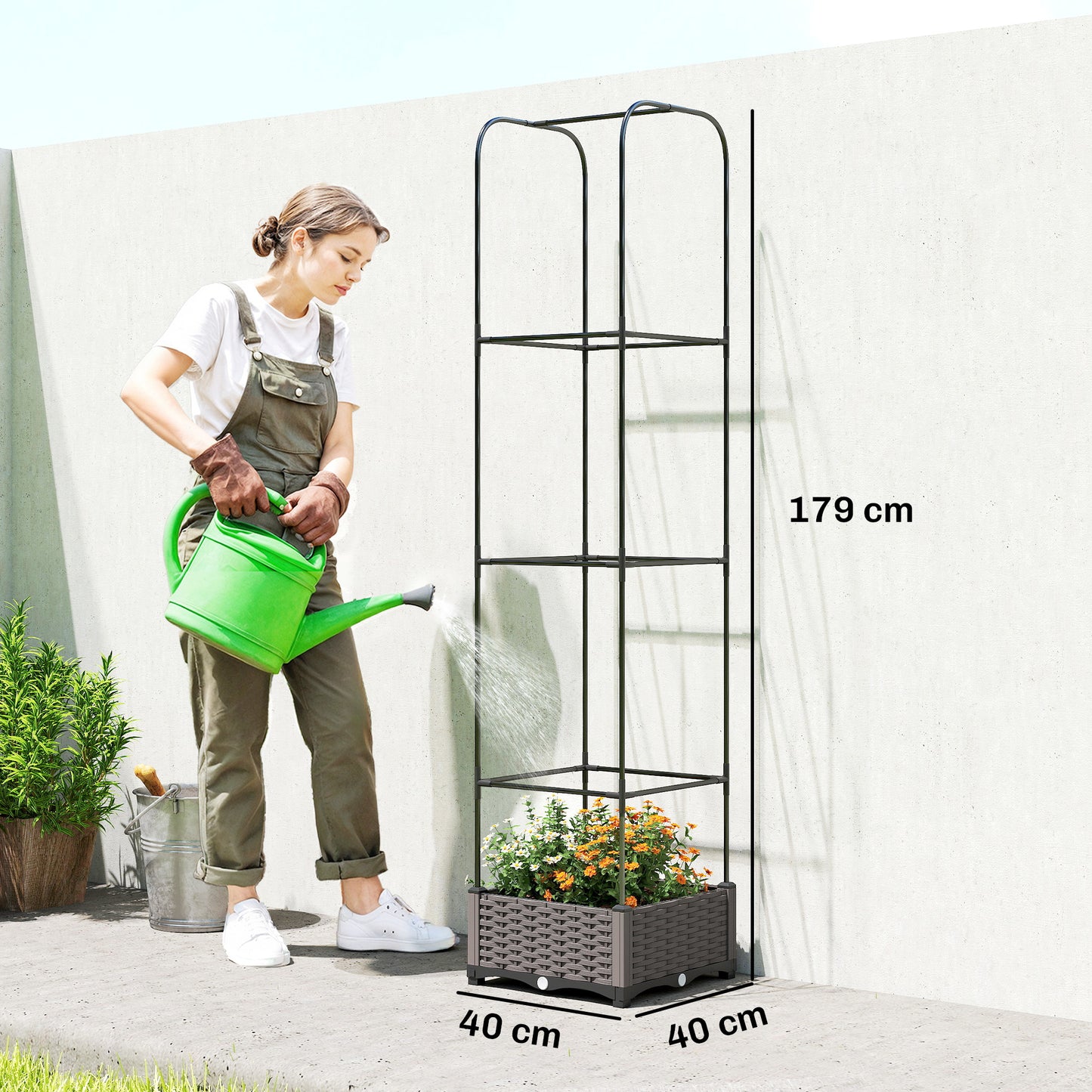 Raised Garden Bed with Trellis, Plastic Planter Box with Drainage Holes, Drain Plugs and Water Reservoirs