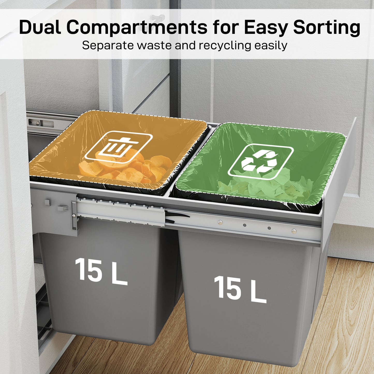 Pull Out Bin, Under Sink Bin - 2 Removable Compartments (15L Each) for 400mm Cabinets, Light Grey