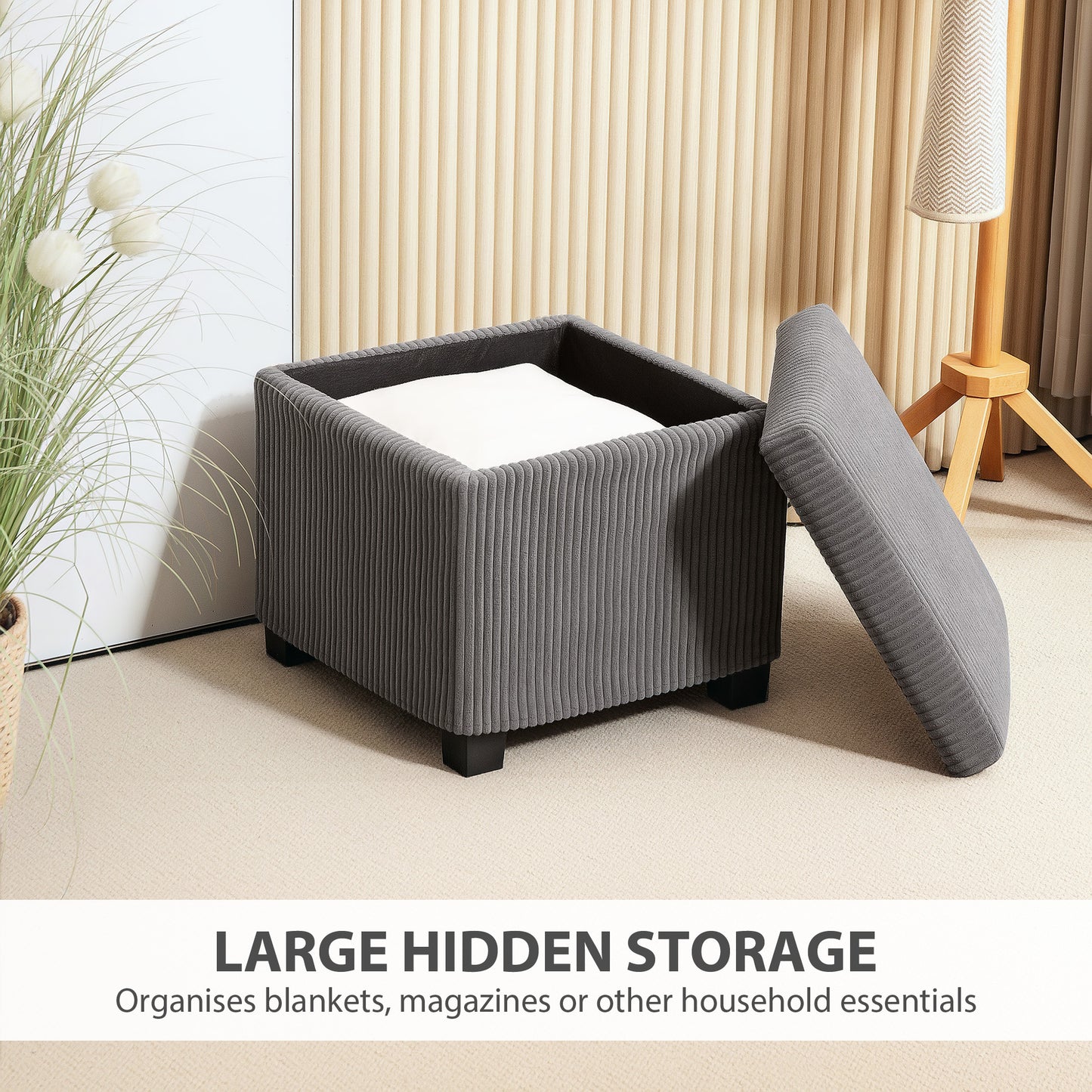 Storage Ottoman Bench, Corduroy Storage Chest Box with Wooden Legs, 40cm Bed End Bench for Living Room, Bedroom, Entryway