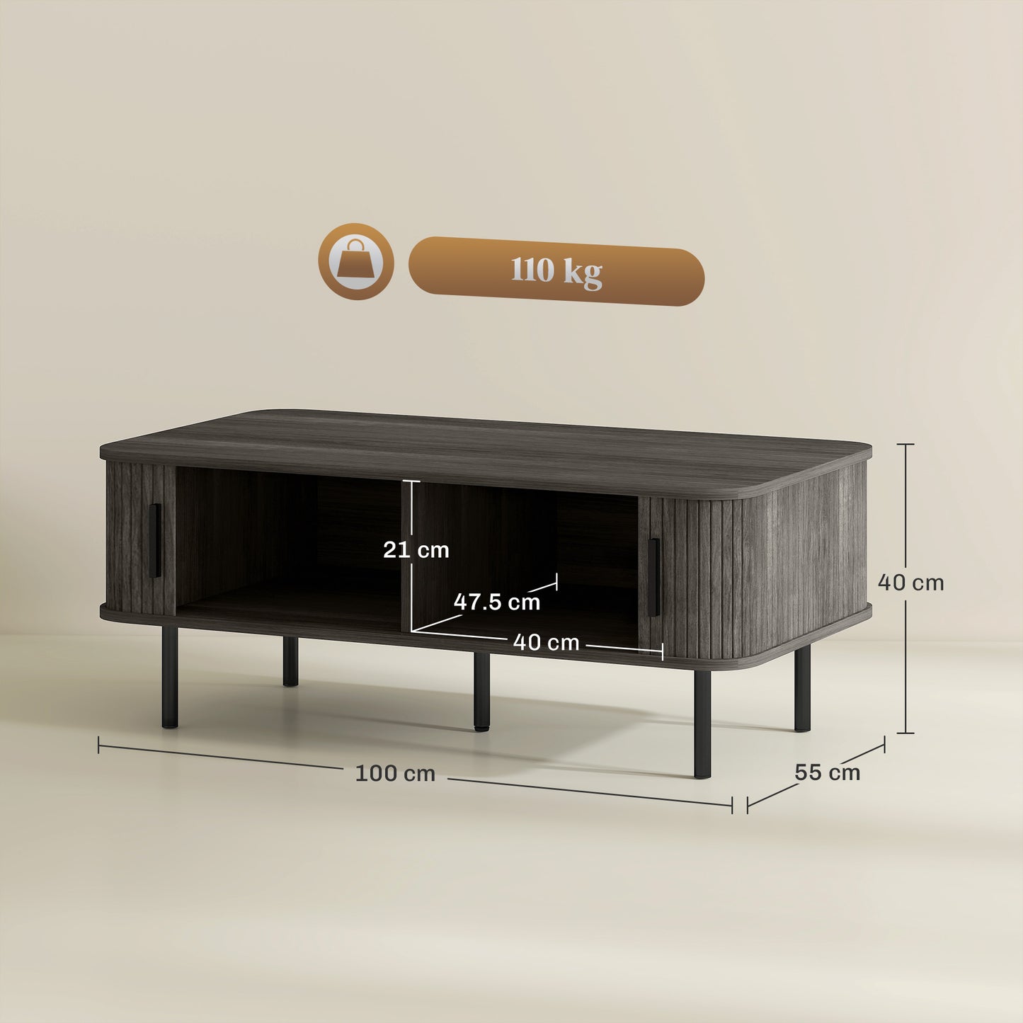 Coffee Table with Storage, Living Room Table with Slatted Tambour Sliding Doors and Adjustable Foot Pads