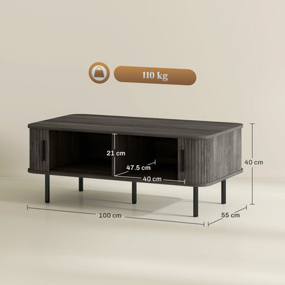 Coffee Table with Storage, Living Room Table with Slatted Tambour Sliding Doors and Adjustable Foot Pads