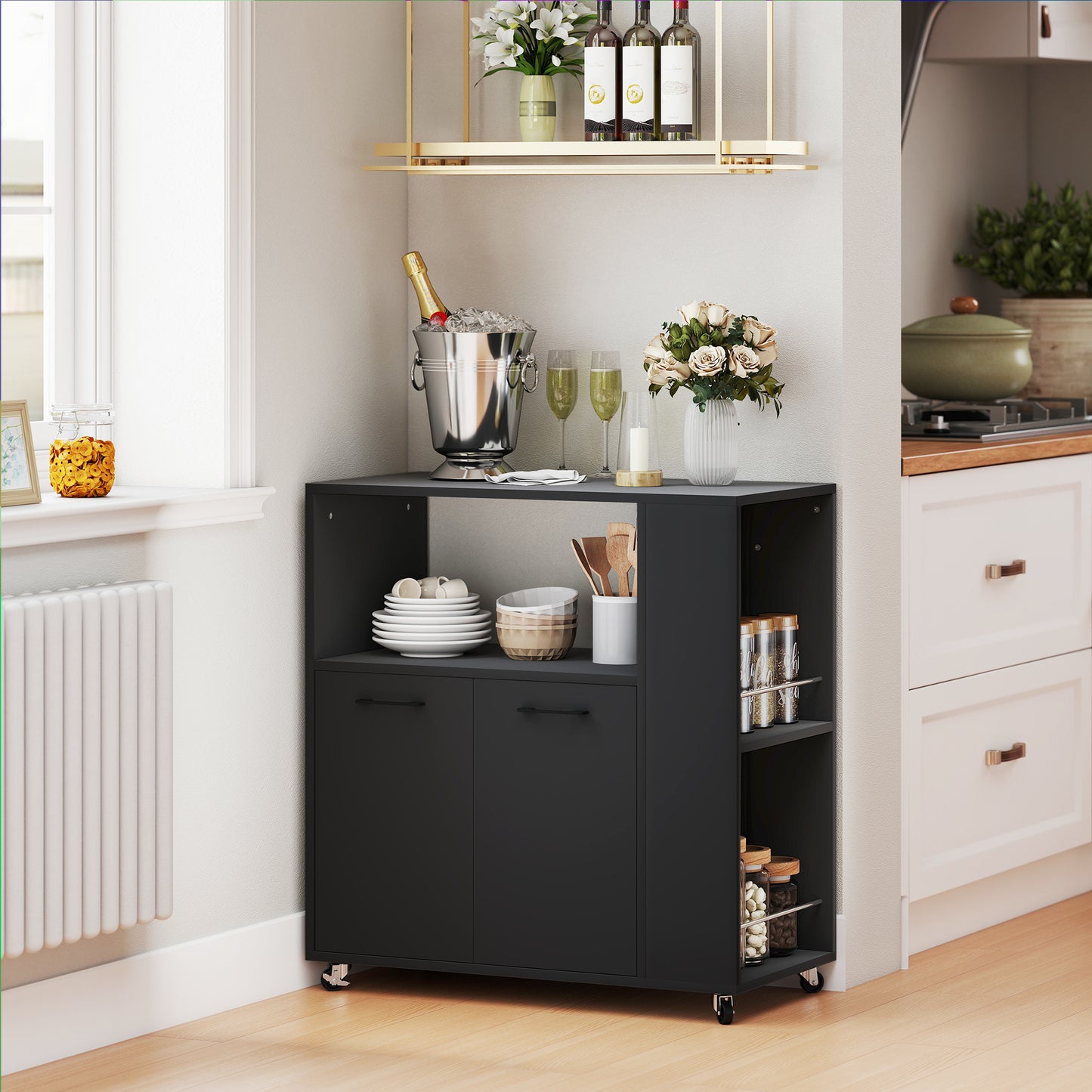 Kitchen Trolley on Wheels, Rolling Kitchen Island Cart with 2-Door Cabinet, Spice Rack and Adjustable Shelf, Black