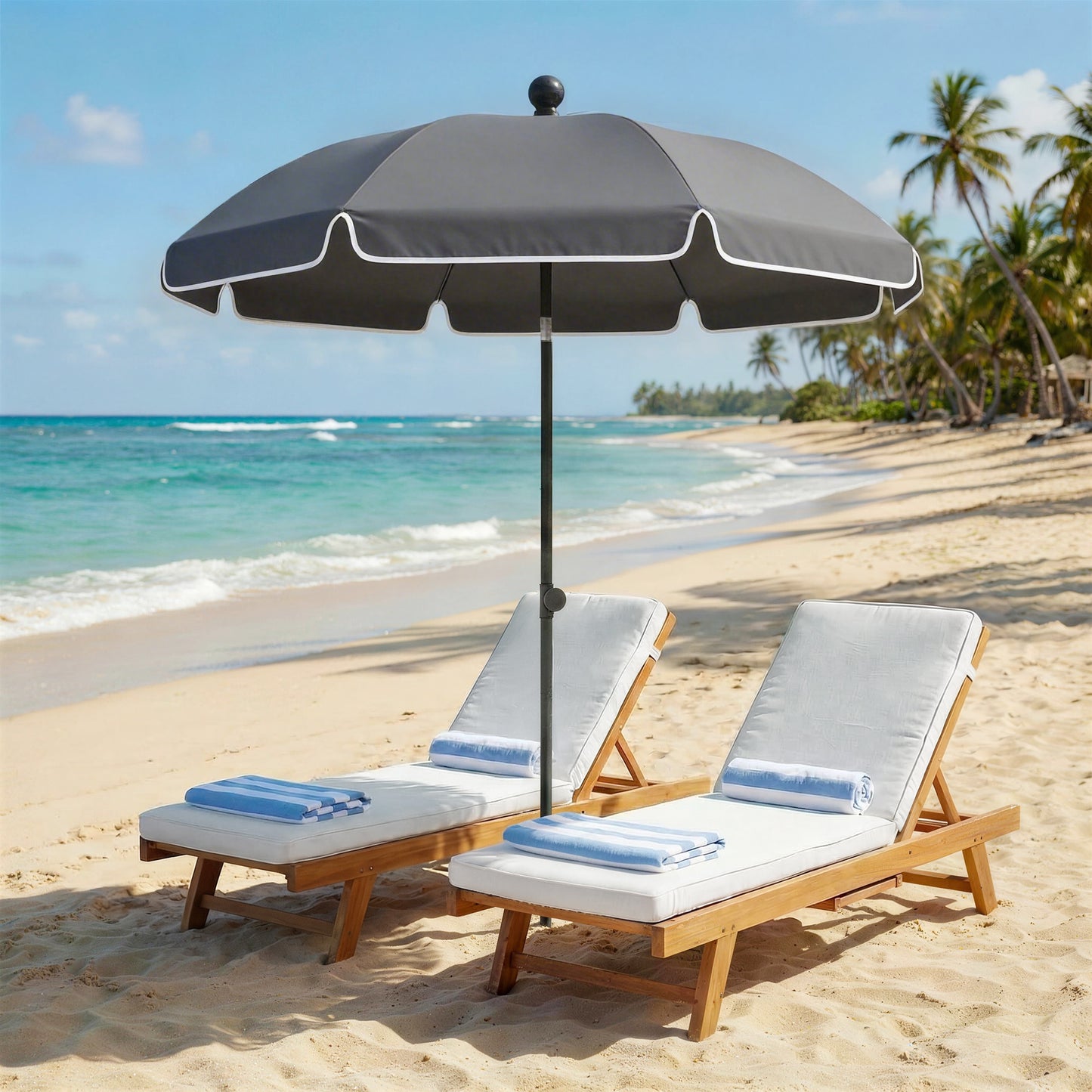 1.8 m Beach Umbrella Parasol with Sand Anchor, Portable 30° Tilting Patio Sun Shade with Adjustable Height, Dark Grey