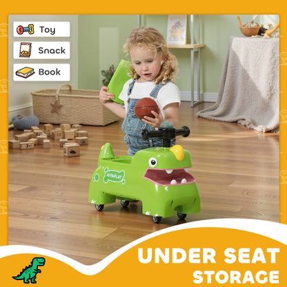 Kids Ride On Car, Dinosaur Foot to Floor Slider with Storage, Toddler Walker with Light, Sounds, Green