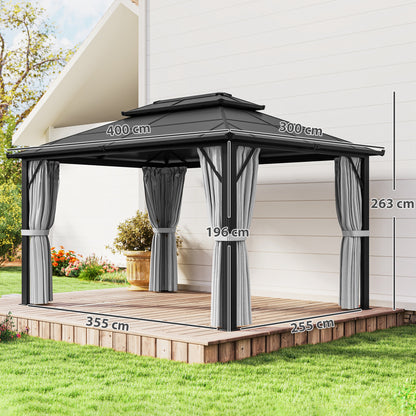 3 x 4m Hardtop Gazebo Canopy with UPF30+ Double Polycarbonate Roof, Aluminium Frame Garden Gazebo Permanent Pavilion