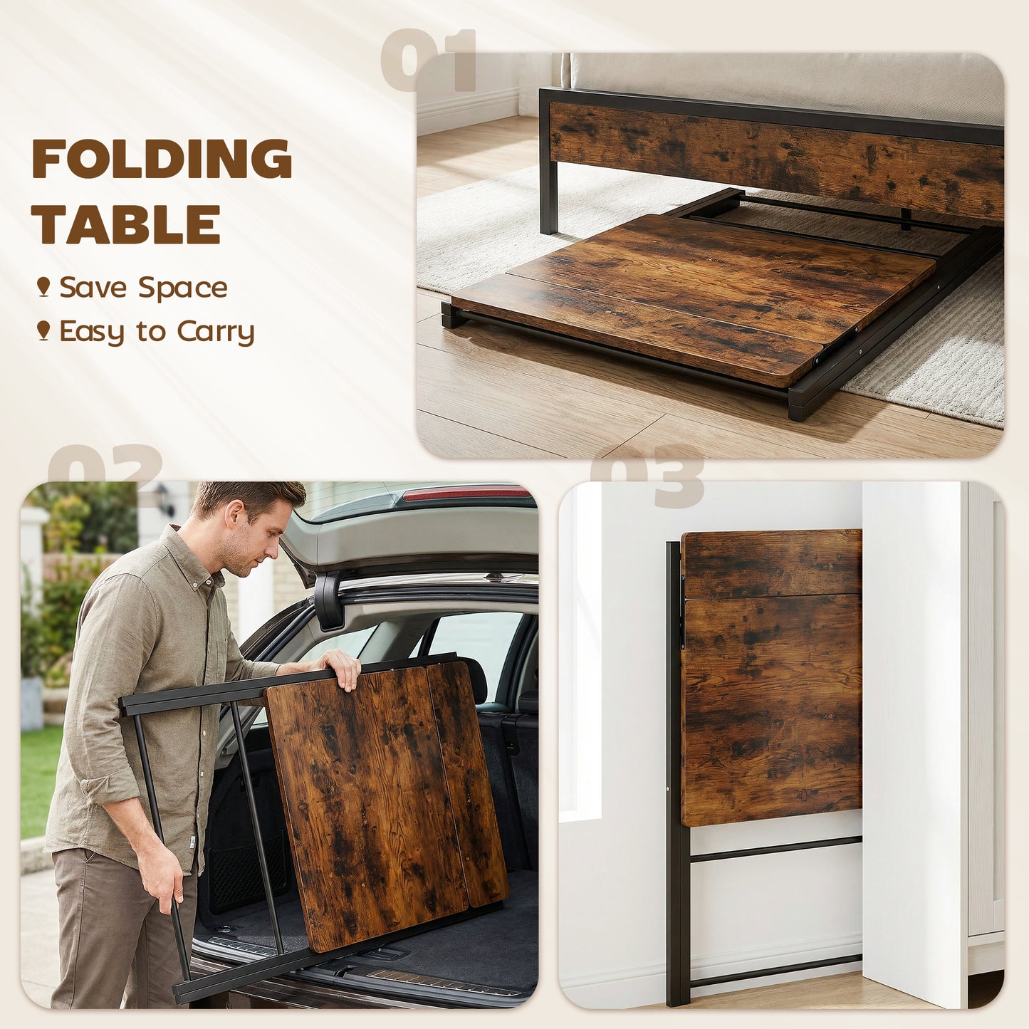 Compact Folding Desk for Small Spaces with Storage Shelf for Home Office, Rustic Brown
