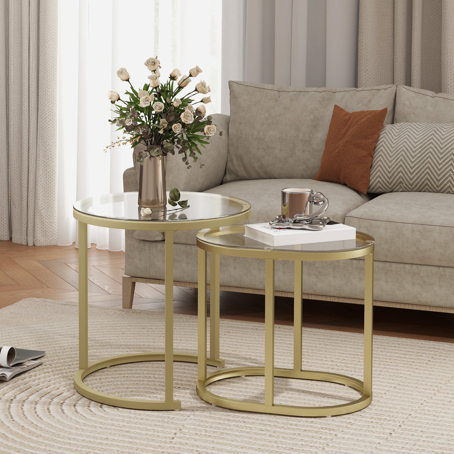 Nest of Tables with Steel Frame and Tempered Glass Tabletop, Modern Coffee Table Set of 2, Clear