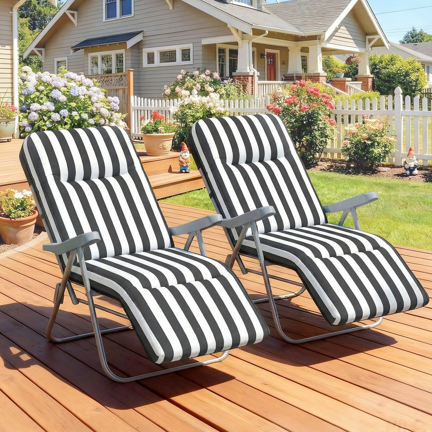 Set of 2 Foldable Patio Sun Lounger with Adjustable Backrest and Cushion, Grey and White