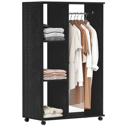 Open Wardrobe on Wheels, Bedroom Wardrobe with Clothes Hanging Rail, 3 Storage Shelves, Mobile Garment Rack for Cloakroom