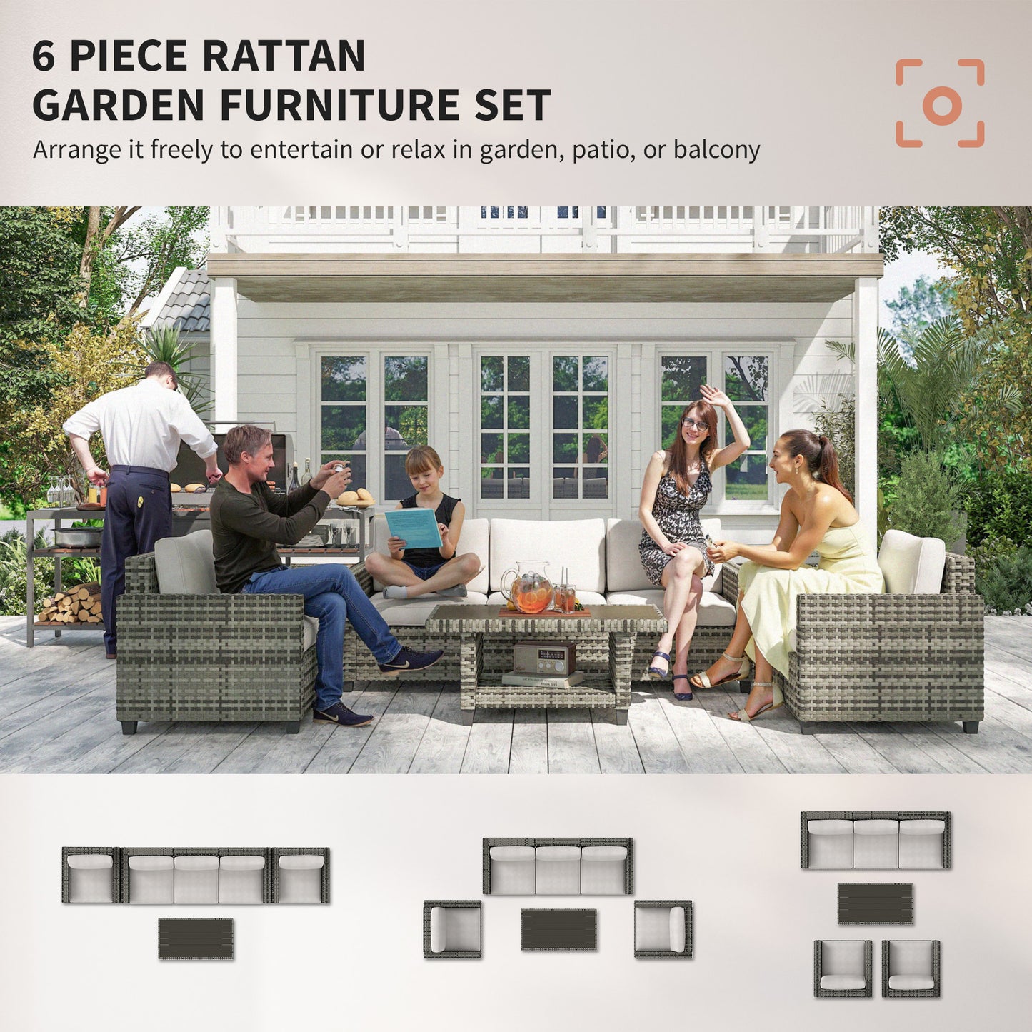 Six-Piece Modular Rattan Sofa Set 5-Seater Garden Furniture Set with Two-tier Table - Light Grey
