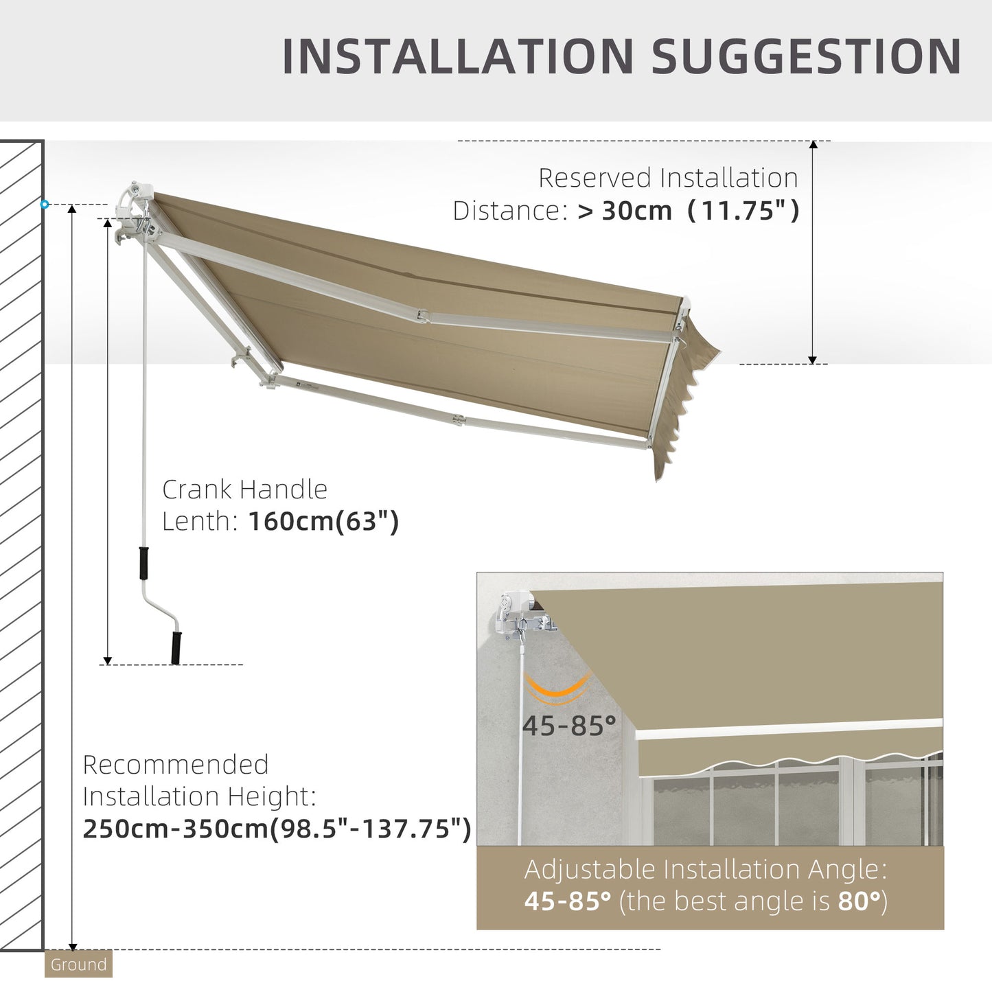 2.5x2 m Manual Retractable Awning-Khaki Canopy, White Frame