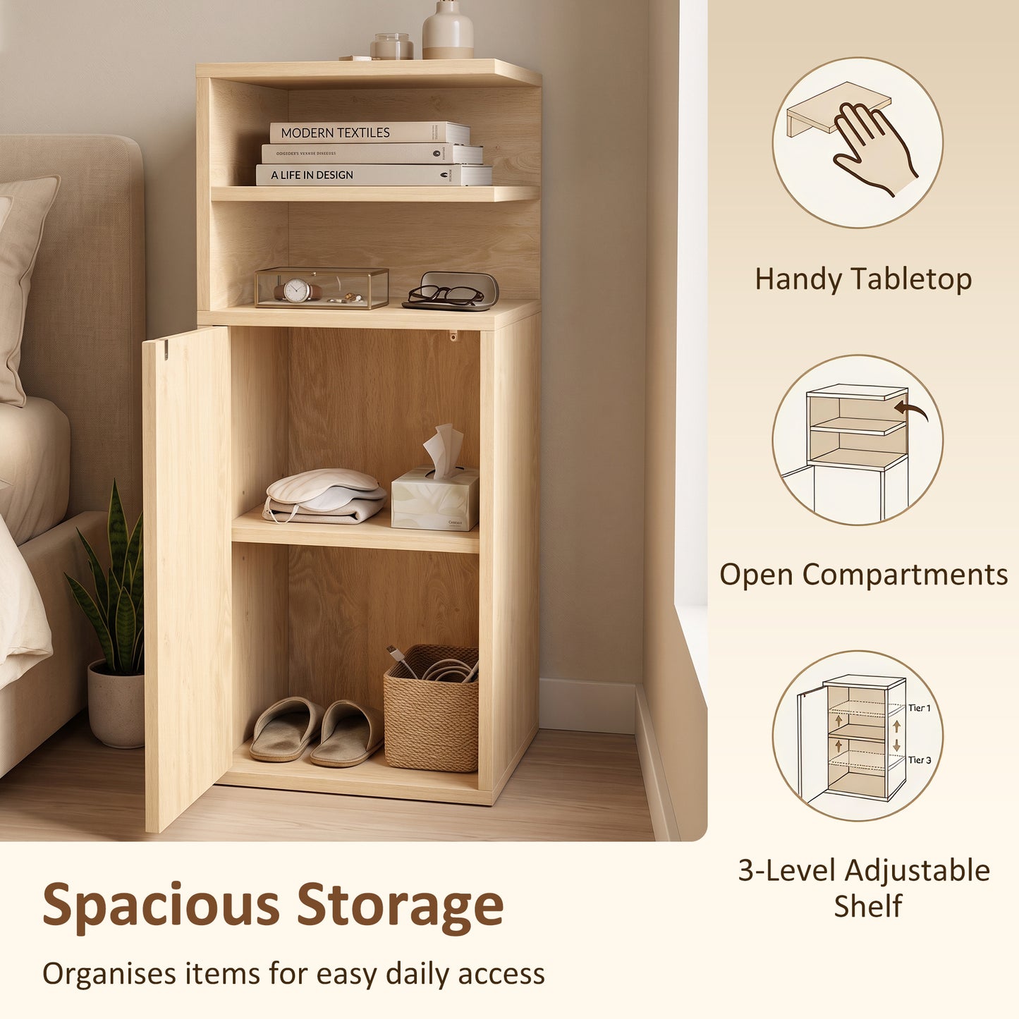 Slim Bedside Table Set of 2, Narrow Bedside Cabinet with Open Cubbies and Cupboard for Bedroom Living Room, Oak