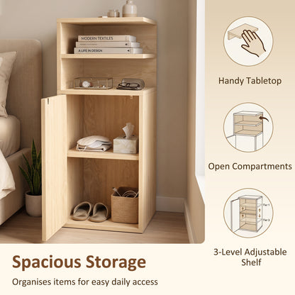 Slim Bedside Table Set of 2, Narrow Bedside Cabinet with Open Cubbies and Cupboard for Bedroom Living Room, Oak