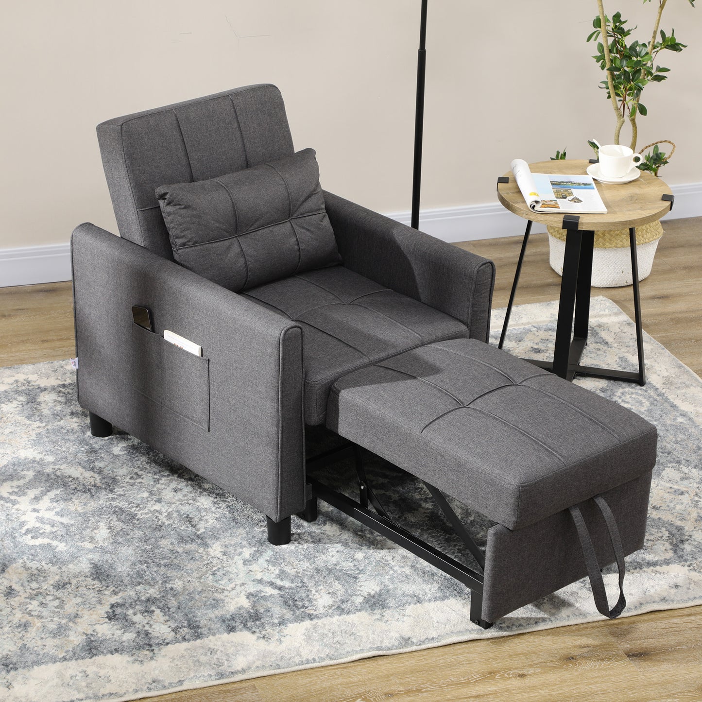 3-In-1 Linen-Look Single Chair Bed with Adjustable Back & Eucalyptus Wood Sofa Frame - Grey
