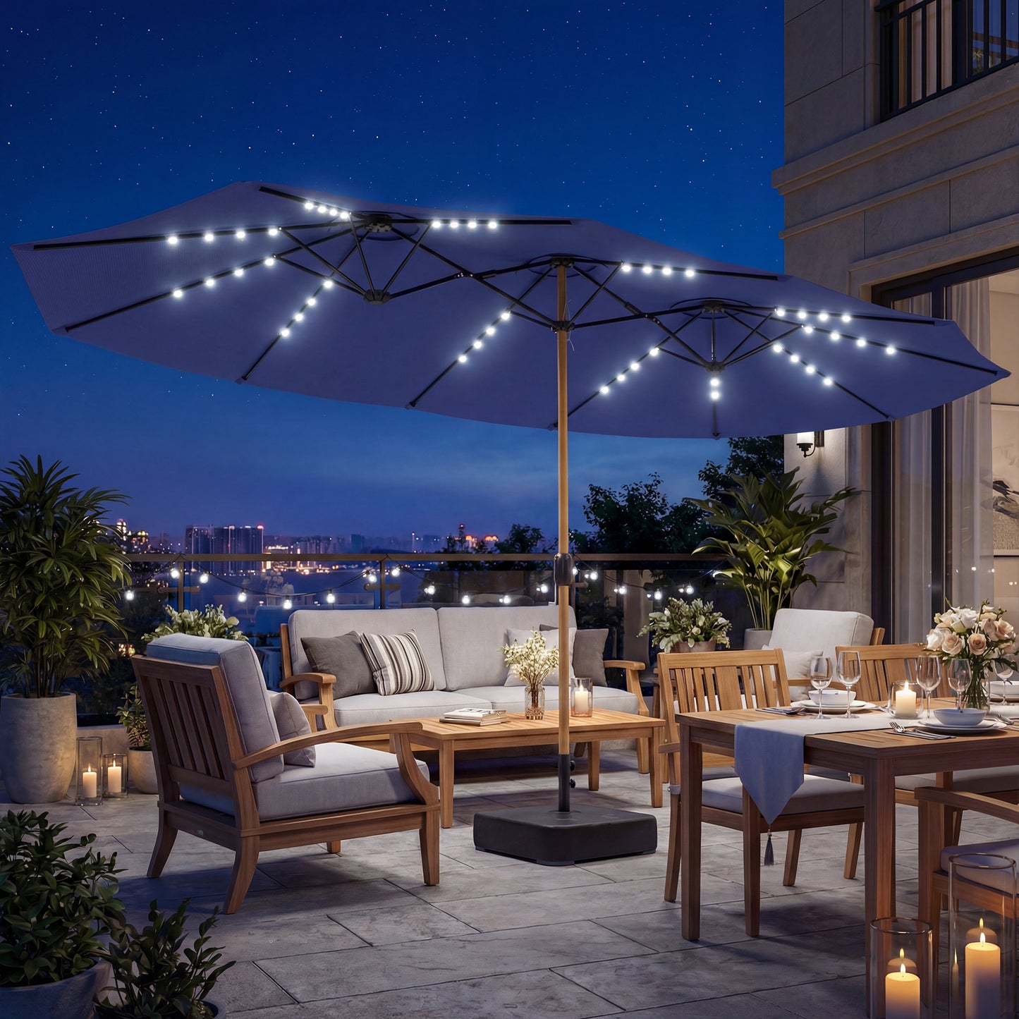 Double Sided Garden Parasol with Base Included & 48 Solar LED Lights Patio Umbrella Crank Handle 4.6m Dark Blue