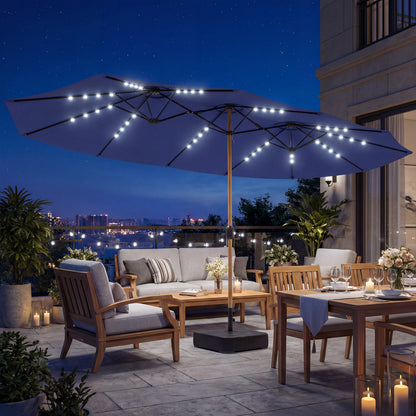 Double Sided Garden Parasol with Base Included & 48 Solar LED Lights Patio Umbrella Crank Handle 4.6m Dark Blue
