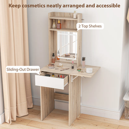 Small Vanity Desk with Mirror and LED Lights, Compact Dressing Table with Drop Leaf, Open Shelves, Natural Wood