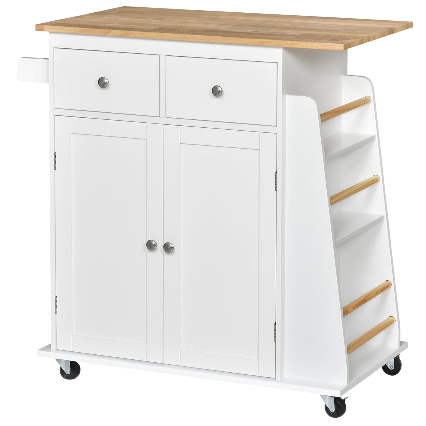 Kitchen Island on Wheels, Mobile Storage Trolley, Rolling Kitchen Cart with Rubber Wood Top, 2-Door Cabinets, 2 Drawers
