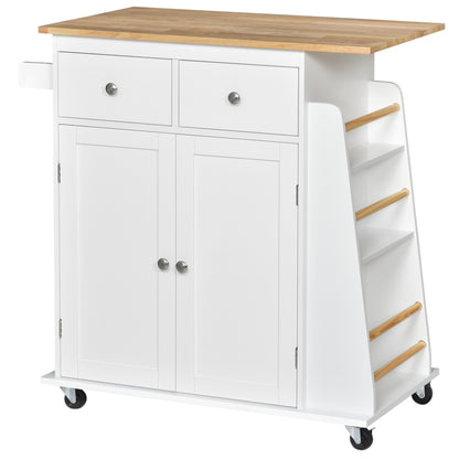 Kitchen Island on Wheels, Mobile Storage Trolley, Rolling Kitchen Cart with Rubber Wood Top, 2-Door Cabinets, 2 Drawers