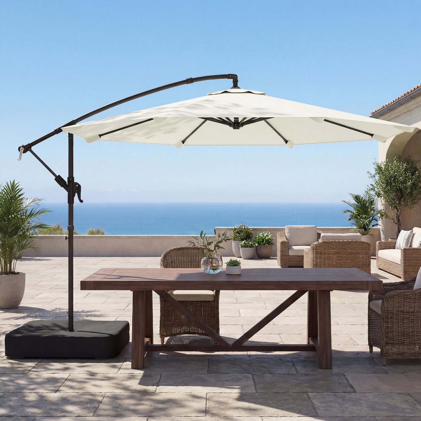 3 m Garden Cantilever Parasol with Cross Base, Sandbag, 360° Rotating Overhanging Banana Umbrella, Cream White