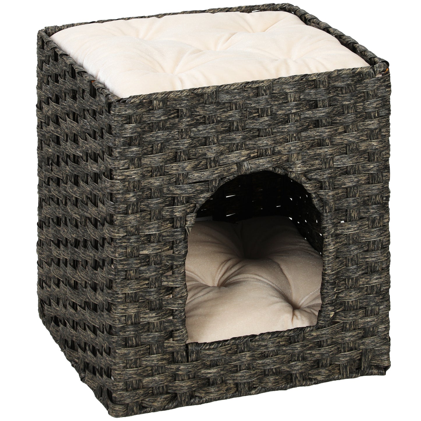 2-Tier Wicker Cat House, Handwoven Rattan Cat Bed with Washable Cushions, Indoor Kitten Condo Hideaway