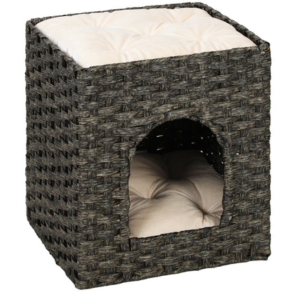 2-Tier Wicker Cat House, Handwoven Rattan Cat Bed with Washable Cushions, Indoor Kitten Condo Hideaway