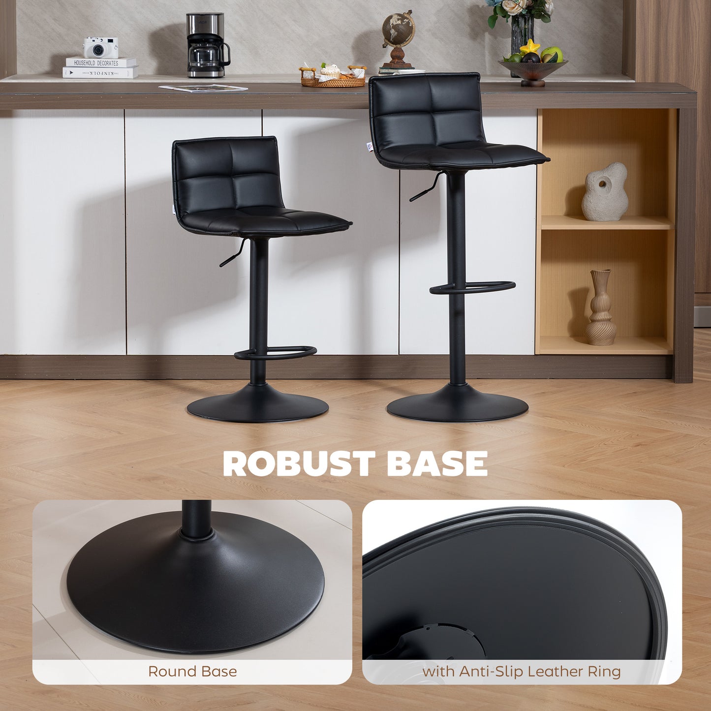 Set of Two Modern Faux Leather Bar Stools - Black
