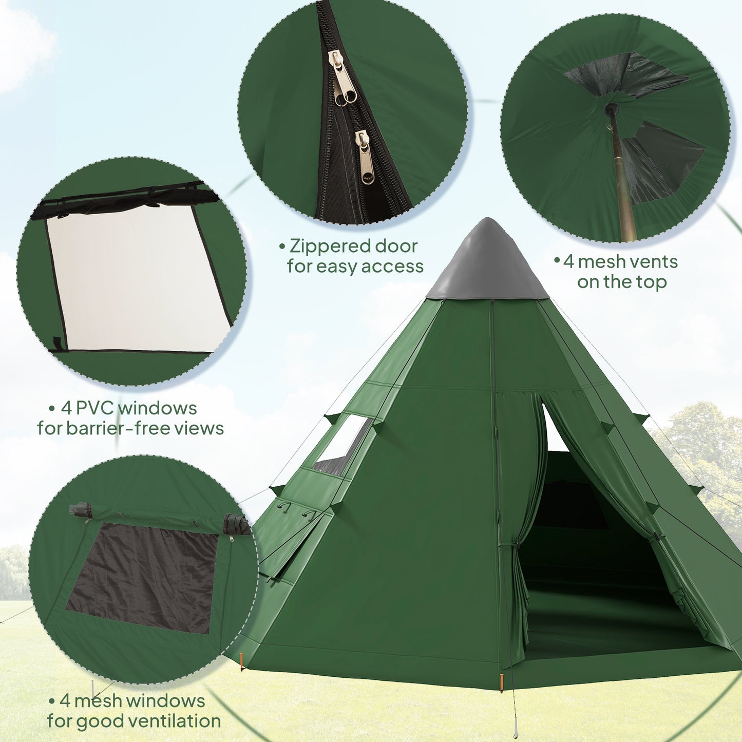 6 Men Tipi Tent with Carry Bag - Green