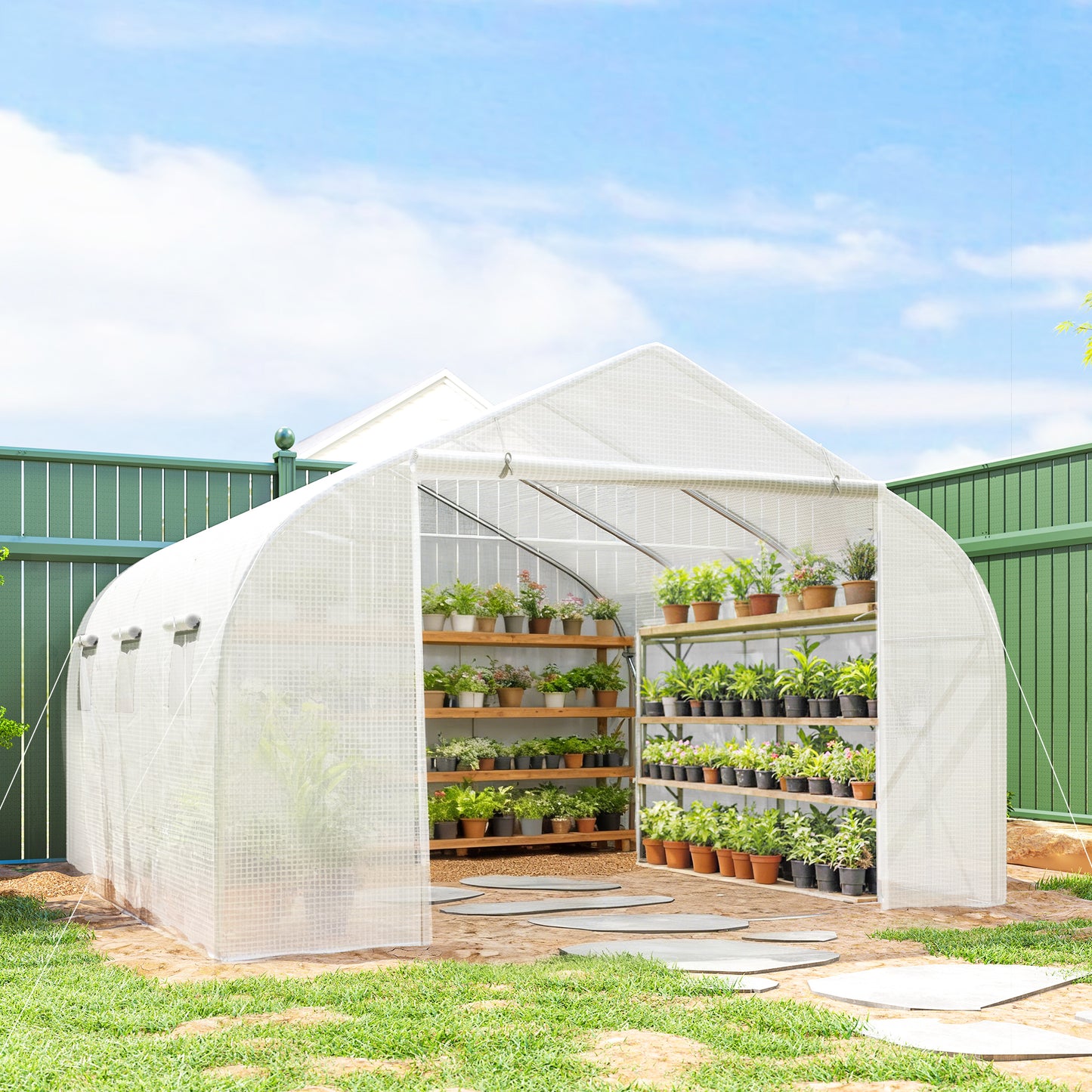 3.5 x 3 x 2m, Walk-In Polytunnel Greenhouse Warm House Garden Tunnel Shelter Plant Shed, White