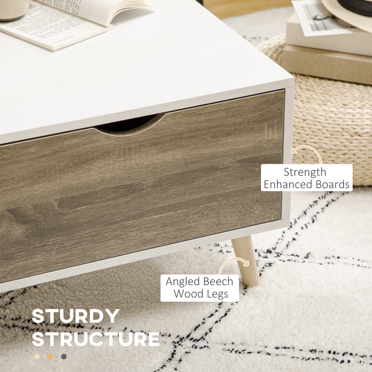 Coffee Table, Modern Tea Table with Open Storage Shelves, Two Drawers and Solid Wood Legs, Coffee Tables for Living Room