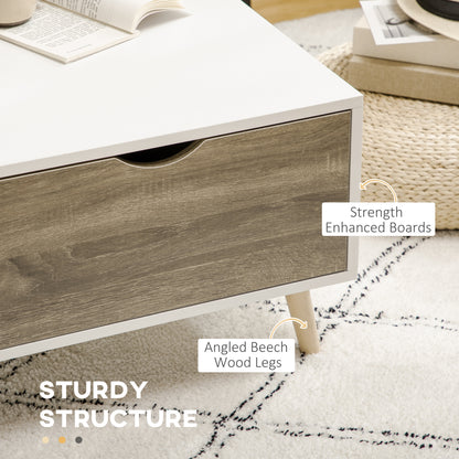 Coffee Table, Modern Tea Table with Open Storage Shelves, Two Drawers and Solid Wood Legs, Coffee Tables for Living Room