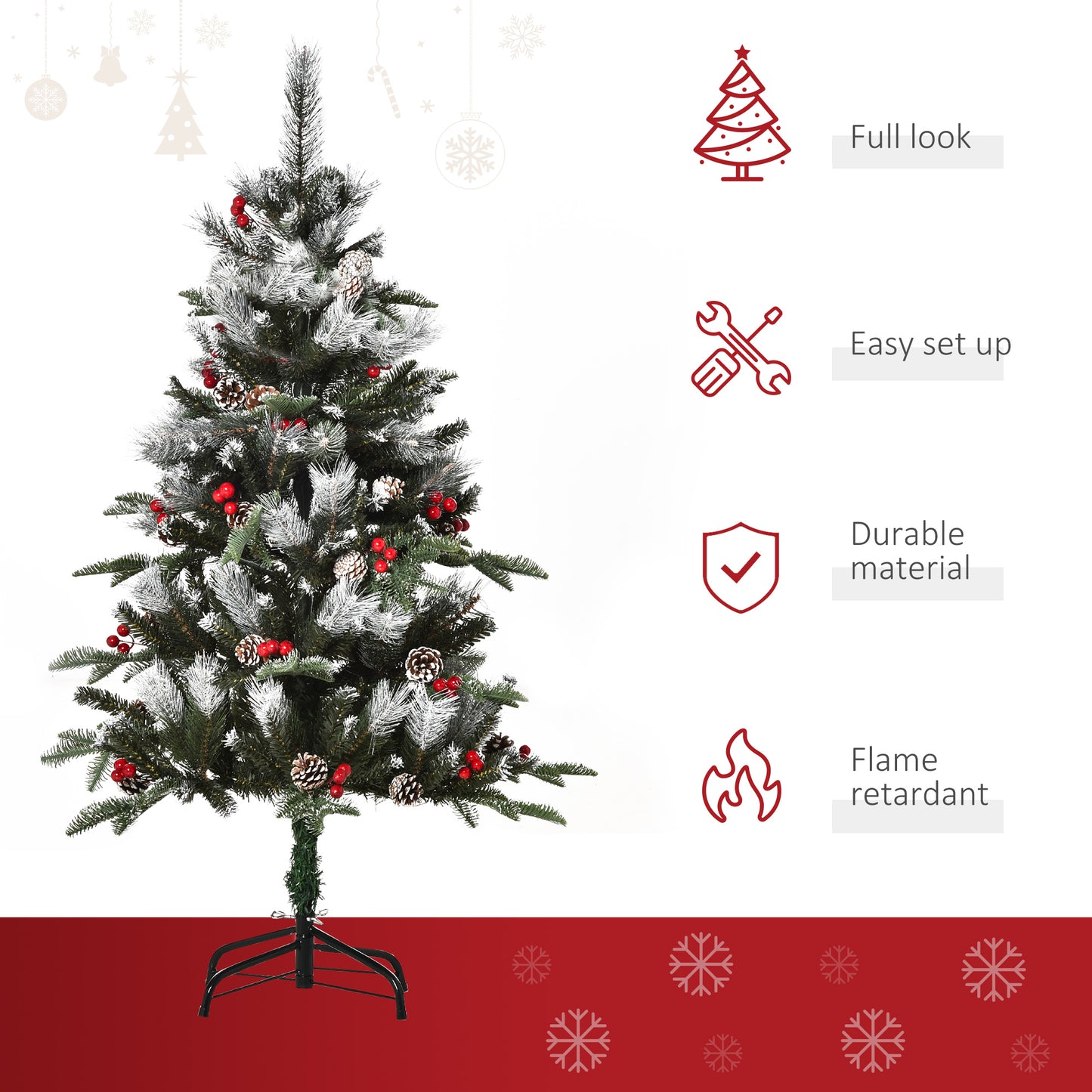 4FT Artificial Snow Dipped Christmas Tree Xmas Pencil Tree Holiday Home Party Decoration with Foldable Feet Red Berries White