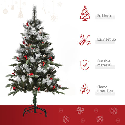 4FT Artificial Snow Dipped Christmas Tree Xmas Pencil Tree Holiday Home Party Decoration with Foldable Feet Red Berries White
