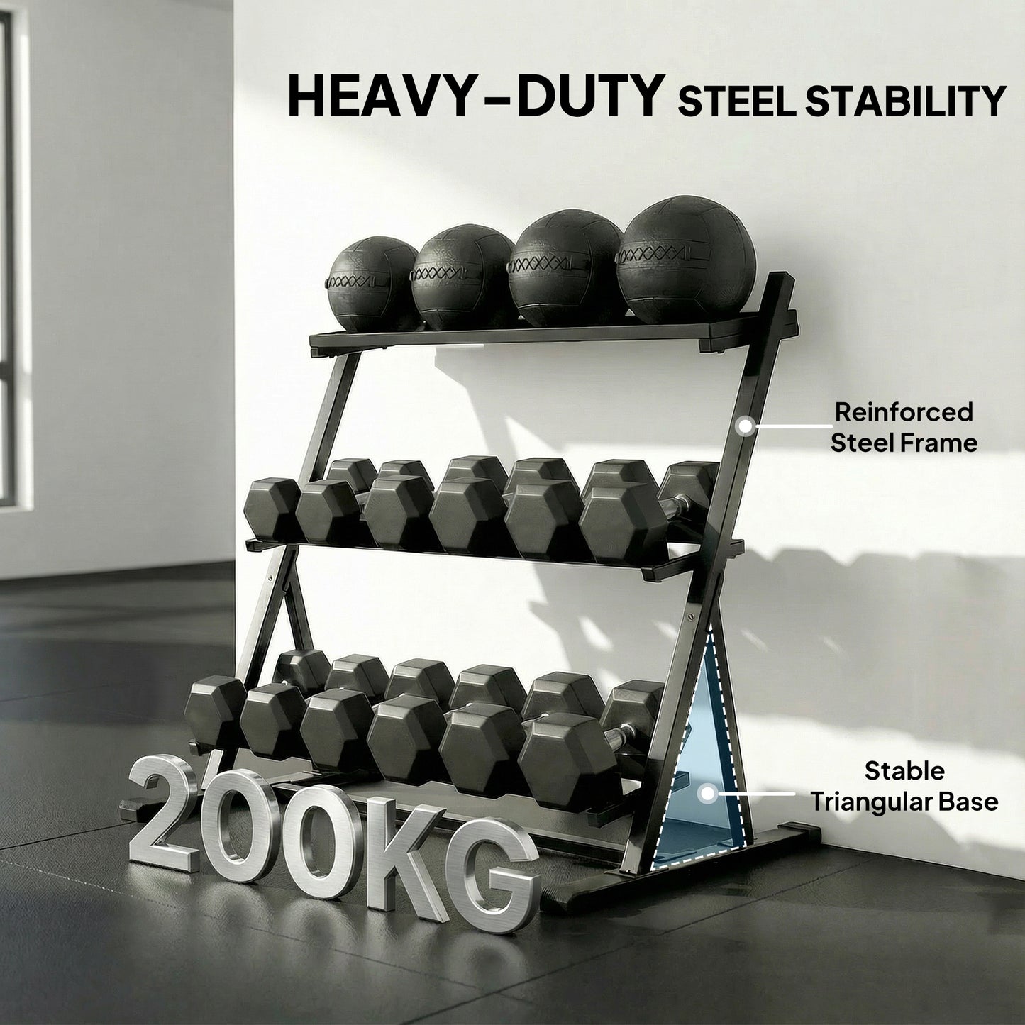 3-Tier Adjustable Dumbbell Rack, Heavy-Duty Weight Rack for Dumbbells, Kettlebells and Multiple Balls