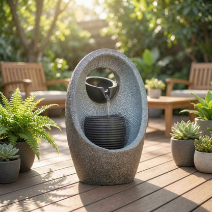 Water Feature with 2-Tier Bowls, Garden Water Fountain with Pump and LED Lights, Resin Cascading Waterfall