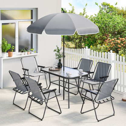 8 Piece Garden Dining Set with Umbrella, Garden Furniture Set with 6 Folding Chairs, Tempered Glass Table for Patio Grey