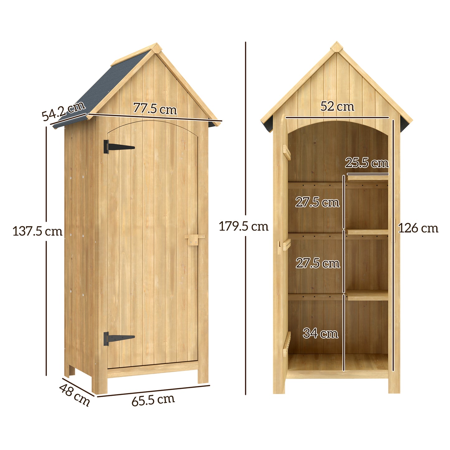 Wooden Garden Storage Shed with 3 Shelves, Outdoor Tool Storage Cabinet with Tilt Roof and Lockable Door