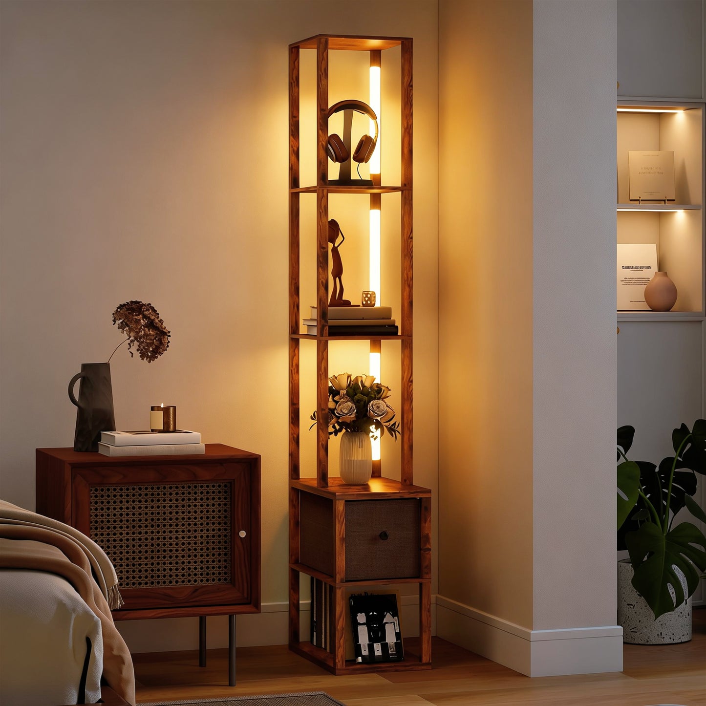 Floor Lamp with Shelves, LED Column Modern Standing Lamp with Fabric Drawer, Adjustable Brightness, Rustic Brown