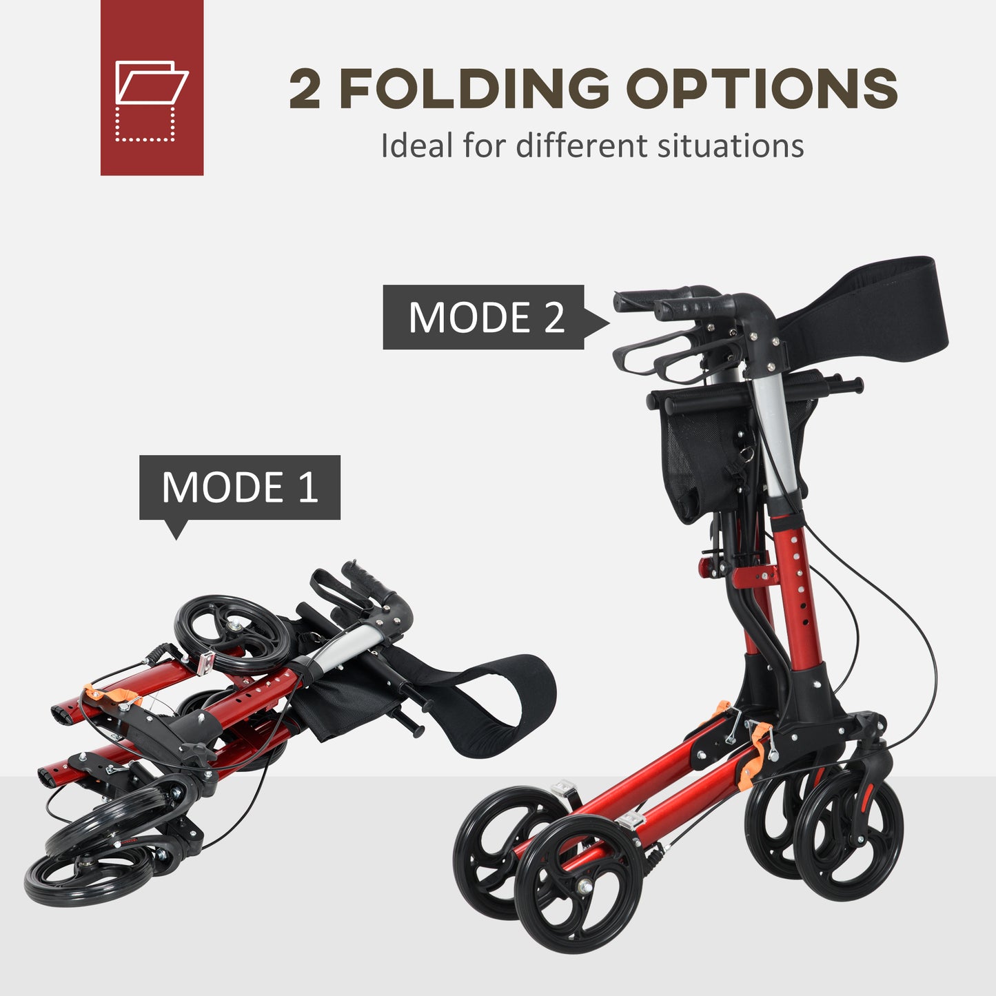 Folding Rollator Walker with 6 Adjustable Handle Height for People with Limited Mobility, Red