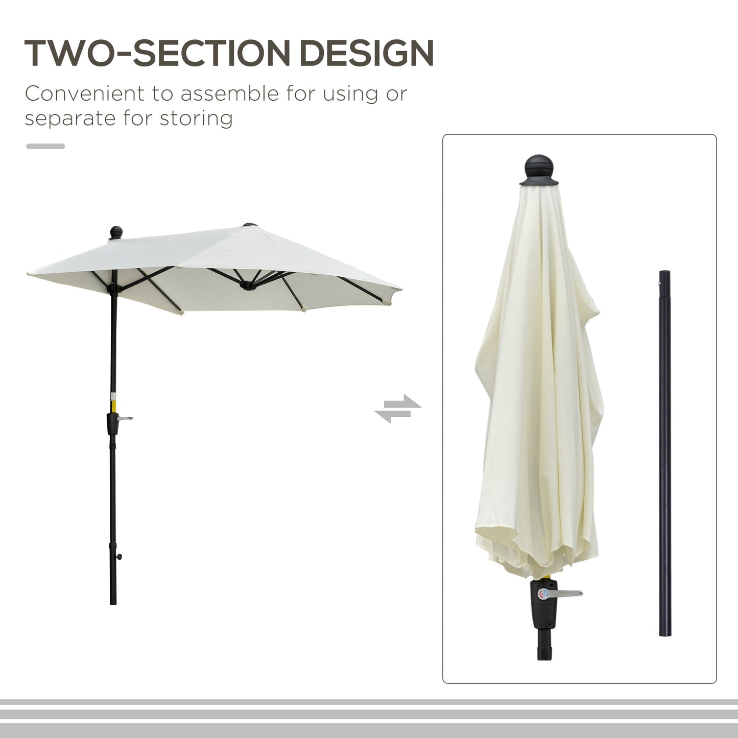 2m Half Parasol Market Umbrella Garden Balcony Parasol with Crank Handle, Base, Double-Sided Canopy, Cream White