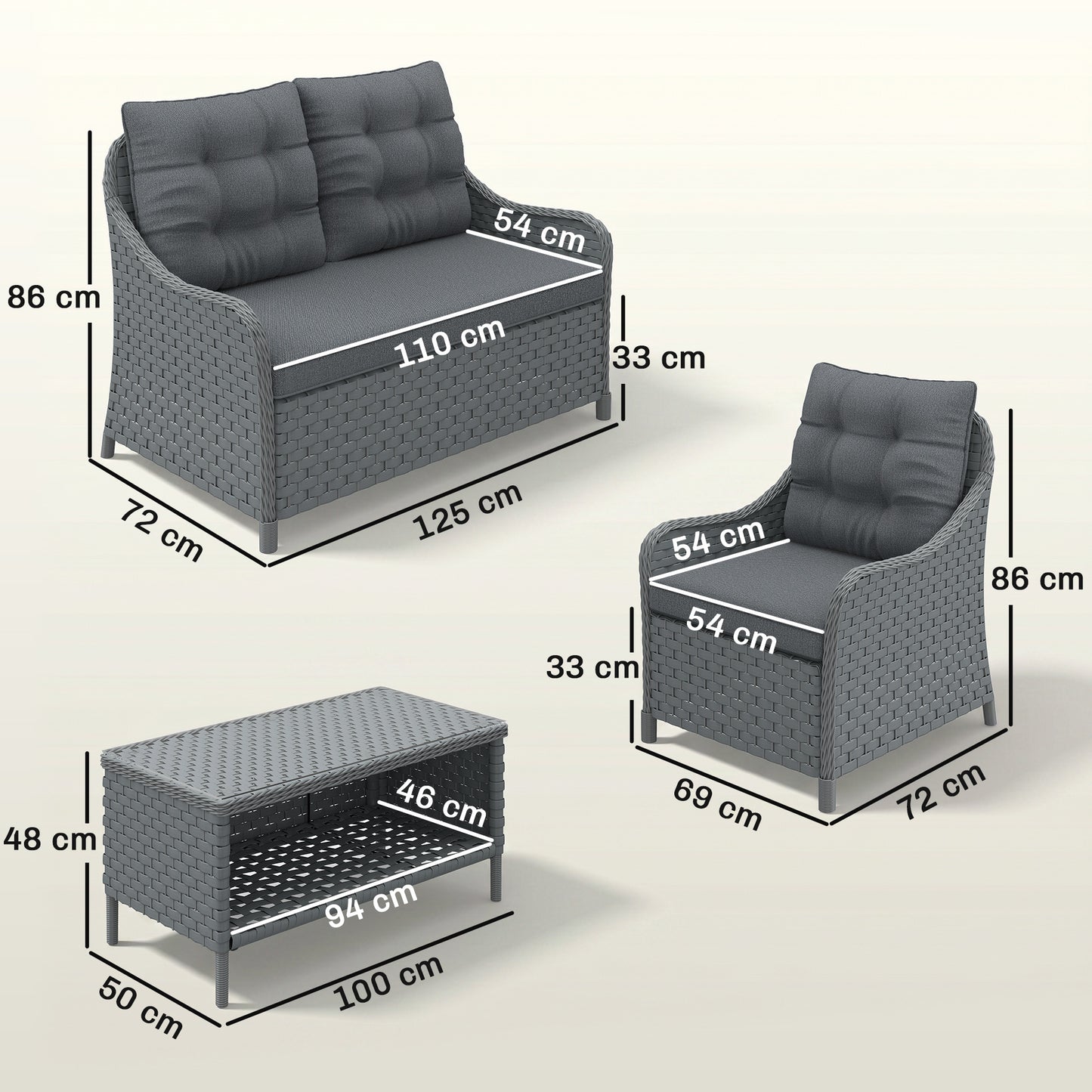 4-Piece Wicker Patio Furniture Set with 2 Armchairs, Loveseat, Glass Coffee Table, Conversation Sofa Set, Dark Grey