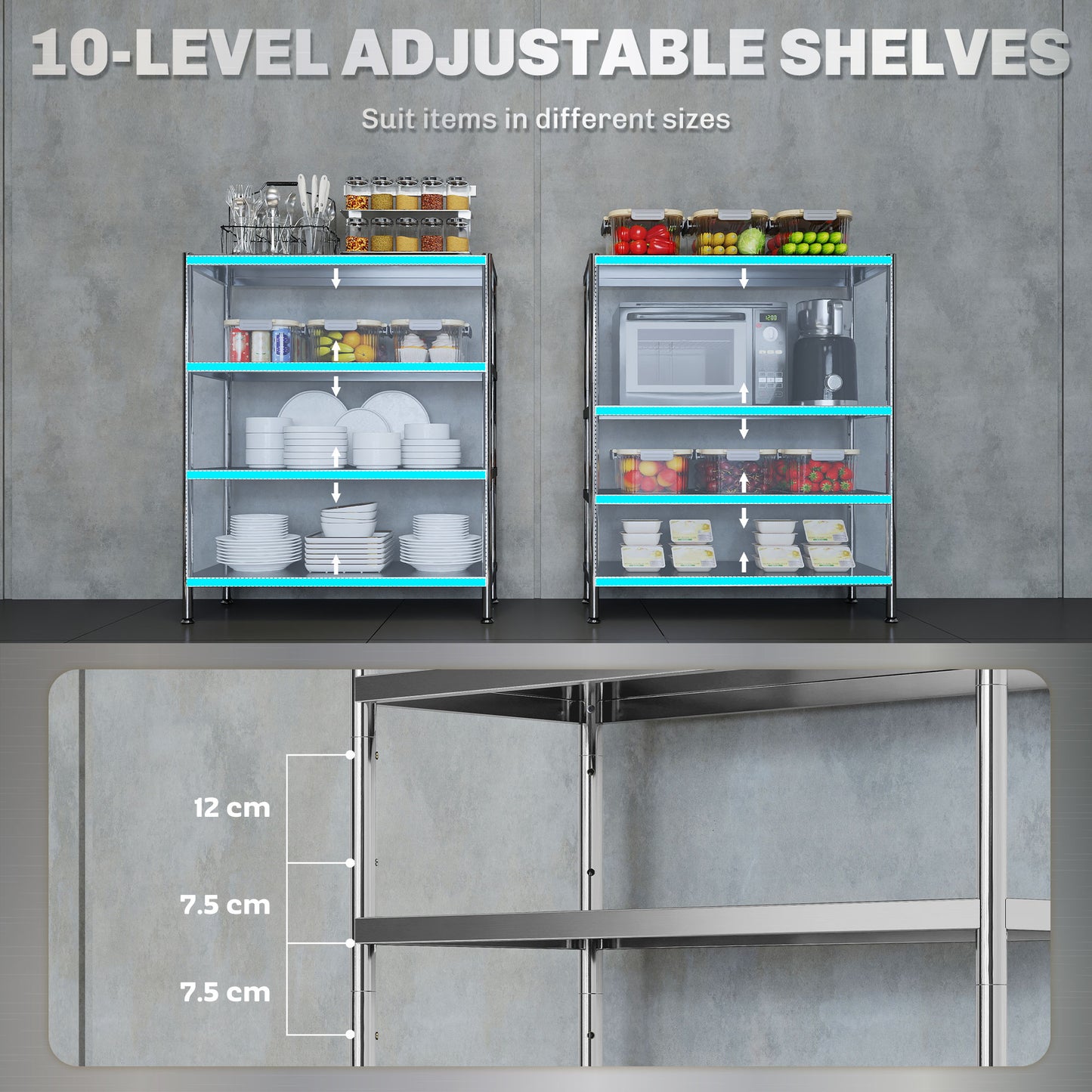 4-Tier Bakers Rack with Storage, Stainless Steel Microwave Stand with Adjustable Shelves for Small Spaces