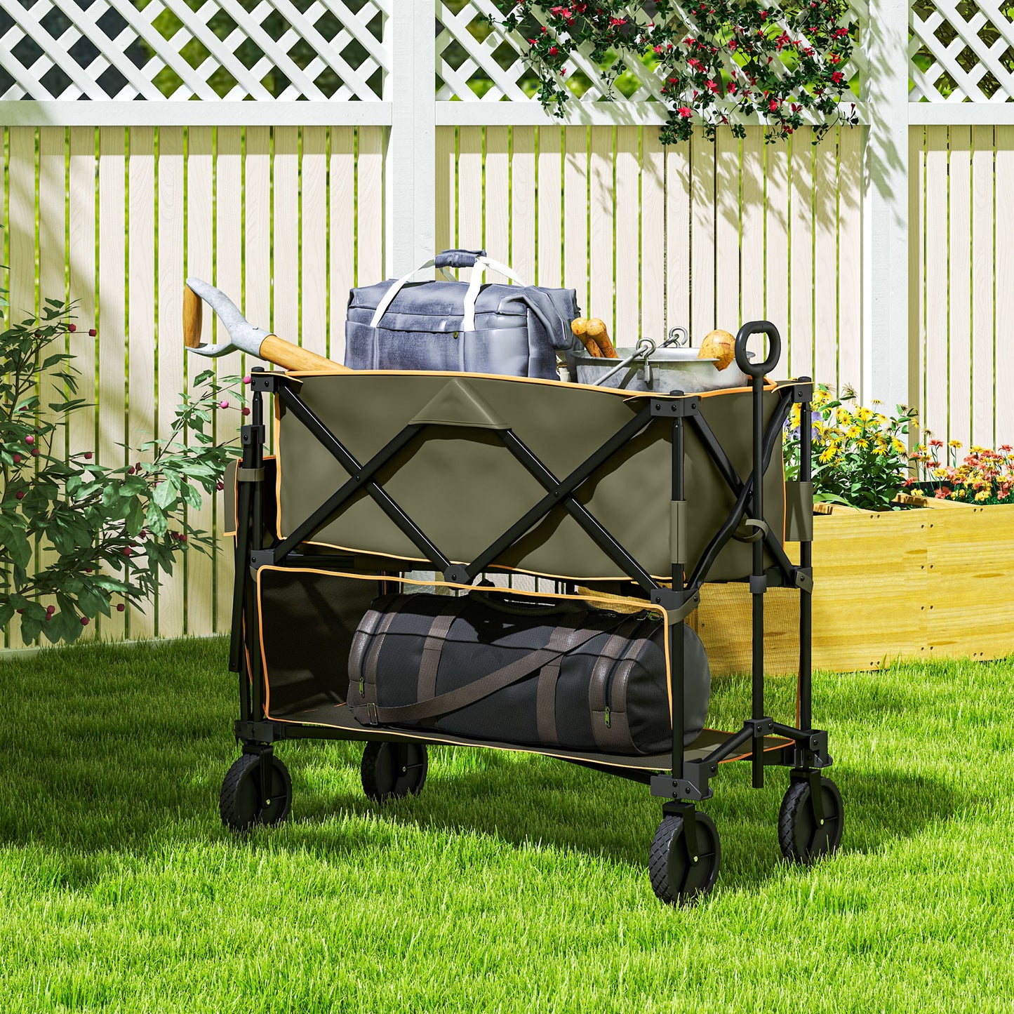 Double Decker Folding Festival Trolley on Wheels, 200KG & 350L Capacity Collapsible Wagon Festival Trolley Cart